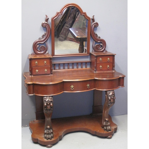 89 - VICTORIAN MAHOGANY DUCHESS STYLE LADIES DRESSING TABLE having shaped mirror flanked by a bank of two... 