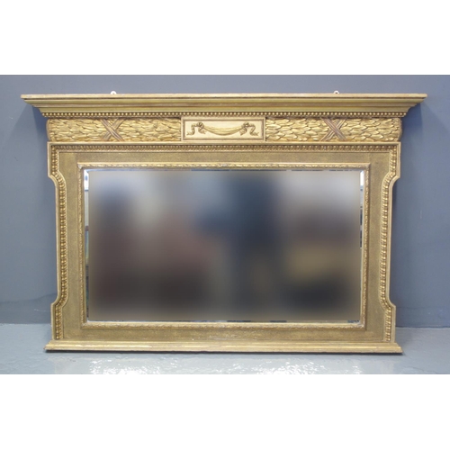 92 - 19TH CENTURY GILT FRAMED OVER MANTEL MIRROR having moulded cornice above moulded and carved bead, sw... 