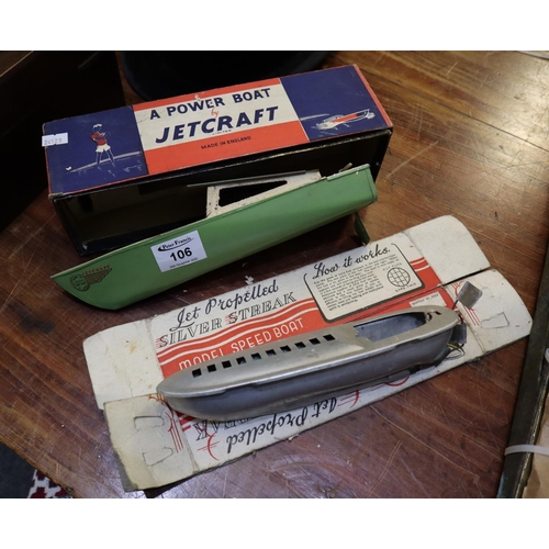 106 - Jetcraft tin plate clockwork spirit fired toy motor boat, together with a similar Silver Streak jet ... 