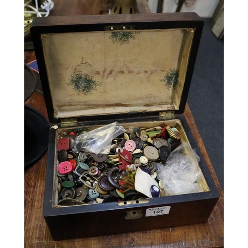 107 - 19th Century mahogany ladies work box with mother of pearl escutcheon, containing a large collection... 