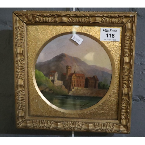 118 - German School, riverside settlement, annotated 'Gundorf', oils on board. 16cm diameter approx.
(B.P.... 