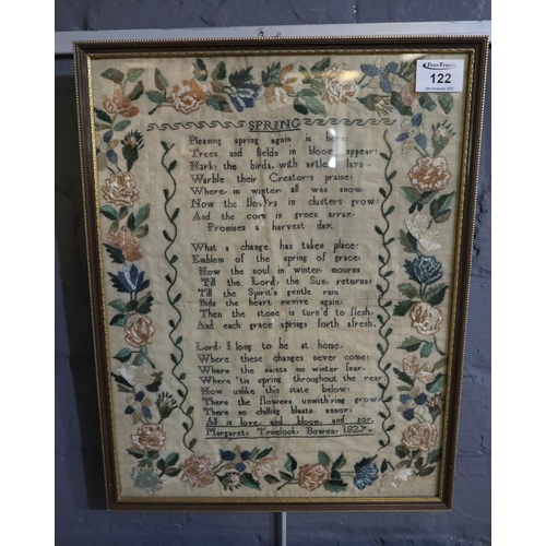 122 - Early 19th Century needlepoint sampler by Margaret Truelock Bowen, dated 1827, entitled 'Spring', pr... 