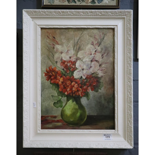 123 - Otto Schaeffer, still life study of flowers in a vase, oils on canvas, 41 x 30cm approx, framed.
(B.... 