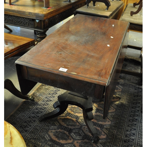 523 - Mid 19th Century mahogany drop leaf centre table on quatreform base. 
(B.P. 21% + VAT)