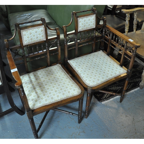 536 - Unusual pair of Edwardian mahogany corner chairs, placed together to make a conversation seat, havin... 