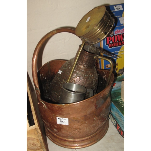 548 - Collection of metal ware to include; helmet shaped copper coal scuttle, chestnut roaster, pewter tan... 