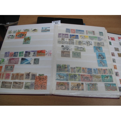 82 - Box of mostly Commonwealth stamps in album and four stockbooks, many 100s of stamps, mostly used.
(B... 