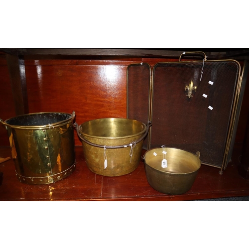 92 - Collection of assorted metalware to include; brass framed mesh three fold screen, two heavy brass pr... 