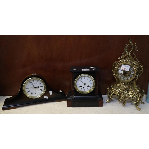 94 - Late 19th Century black slate small two train mantel clock, a modern quartz hat shaped mantel clock ... 