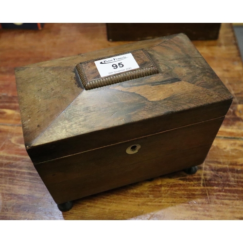 95 - 19th Century sarcophagus shaped rosewood tea caddy with two compartments on ball feet. 21cm wide app... 