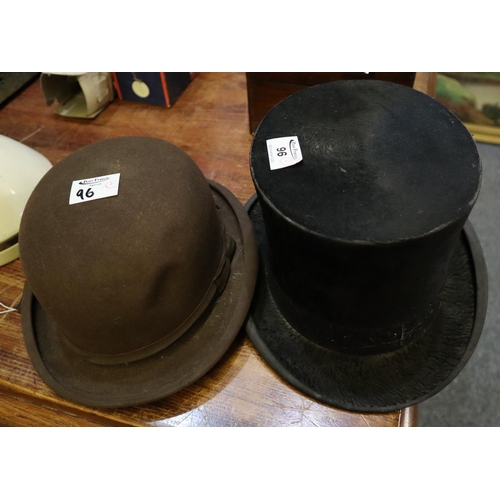 96 - Lincoln Bennett & Co silk top hat, together with a brown Woodrow of Piccadilly riding bowler hat wit... 