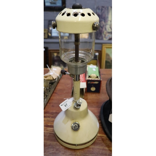 97 - Tilley type pressure lantern with glass shade. 
(B.P. 21% + VAT)