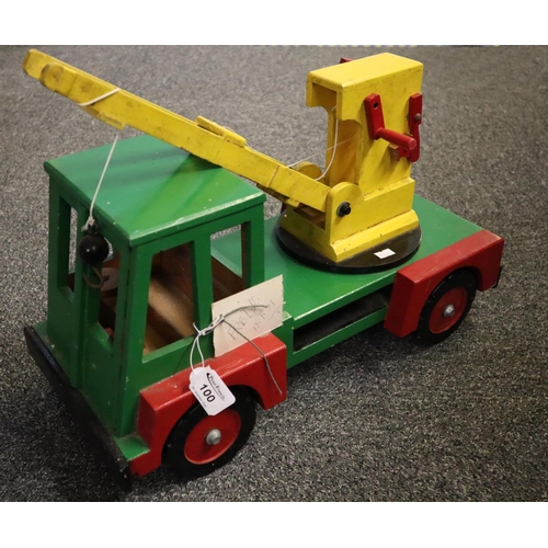 100 - A wooden toy model of a four wheeled Crane, painted finish, made by John C Davies, Hakin, Milford Ha... 