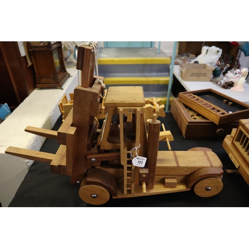 103 - Well made working hardwood model of a Fork Lift Truck, by John C Davies of Hakin, Milford Haven, ove... 