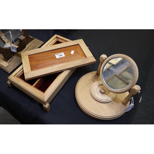 105 - A well made hardwood rectangular shaped jewellery box, a small dressing table mirror and a hardwood ... 