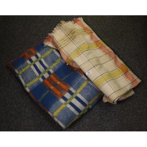 111 - Box containing two vintage blankets, one woollen check fringed blanket and another multi-colour chec... 