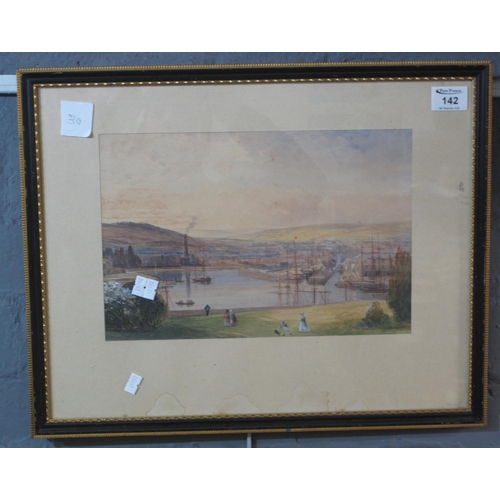 142 - 19th Century British School, panoramic view of a harbour and town (possibly Swansea), unsigned, wate... 