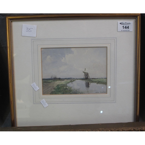 144 - William Tatton Winter (British 1855-1928), river landscape with windmill, signed, watercolours. 12 x... 