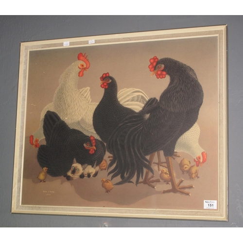 151 - After Taya, large study of chickens with kittens, coloured print, 54 x 65cm approx. Framed.
(B.P. 21... 