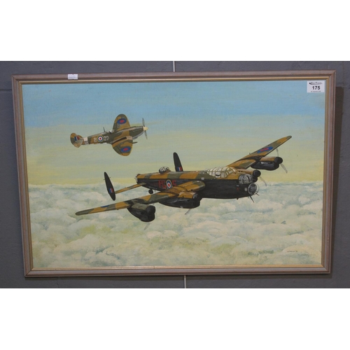 175 - J.D Parfoot, study of a Second World War Lancaster bomber with Spitfire fighter, signed and dated '8... 