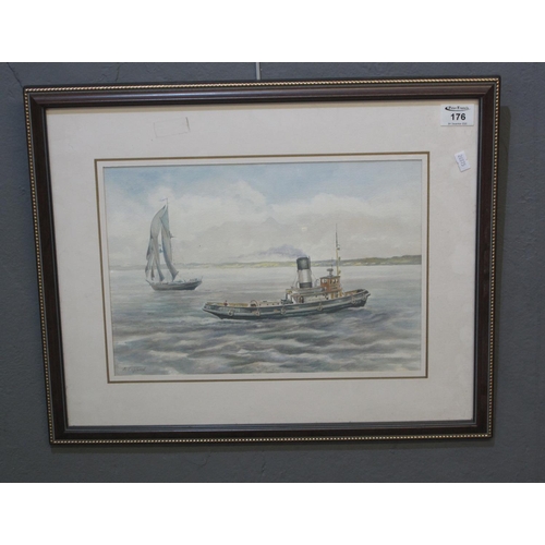 176 - S Leyland, steam tug and sailing vessel, signed, watercolours, 26 x 36cm approx. Framed and glazed.
... 