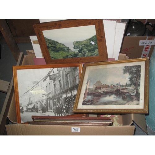 181 - A box of small furnishing prints, various topographical scenes, particularly vintage photographs etc... 