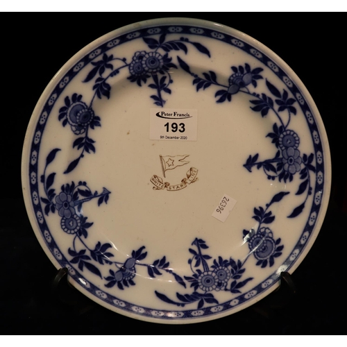 193 - Mintons White Star Line blue and white transfer printed pottery shallow dish or plate, blue printed ... 