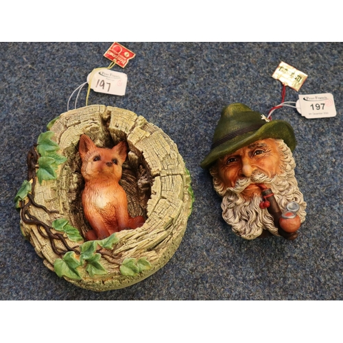 197 - Bossons fox cub wall plaque, together with another Bossons plaque of an old man with beard smoking a... 