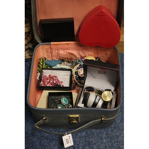 222 - A ladies overnight bag containing a large assortment of costume jewellery and three modern gent's wa... 