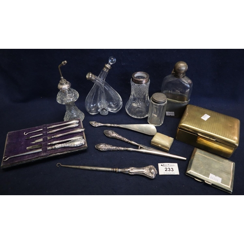 233 - Box of assorted metalware and glassware including; flask, cigarette box, dressing table jars, double... 