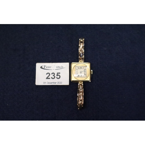 235 - Ladies square shaped 15ct gold mechanical wristwatch with circular roman face on 9ct gold expanding ... 