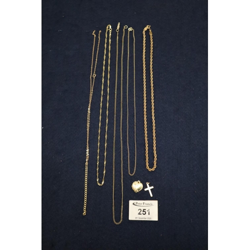 251 - Four 9ct gold chains and a 9ct gold cross pendant.  Together with gold plated jewellery. Weight appr... 