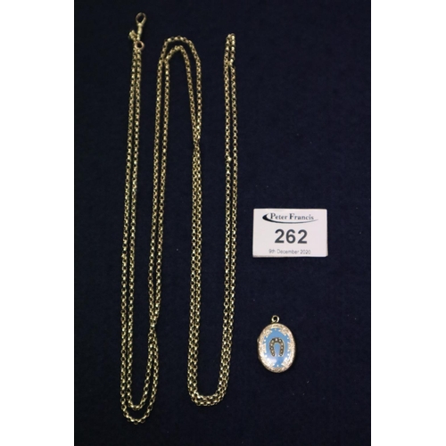 262 - Victorian gold plated guard chain stamped to the clasp 'gold b&f' with engraved locket decorated wit... 