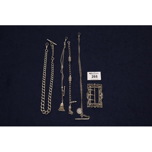 265 - A Silver buckle and two silver Albert chains together with two white metal Albertinas.
(B.P. 21% + V... 