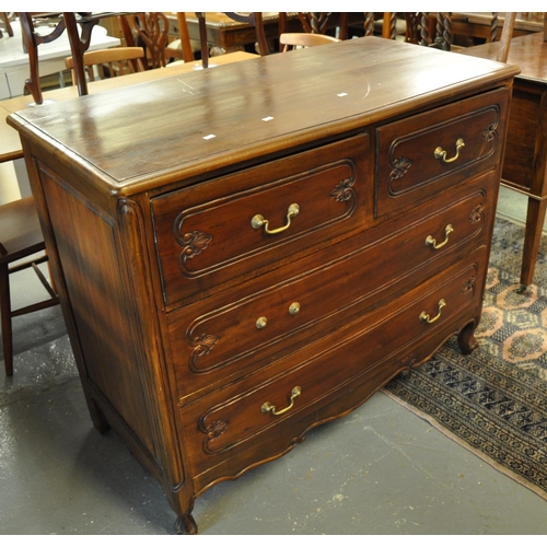 509 - French style mahogany slightly bow fronted chest of two short and two long drawers on short cabriole... 