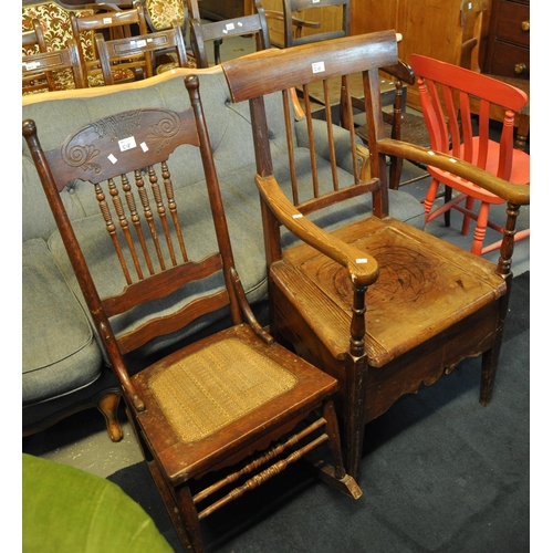 518 - American stained and moulded fireside rocking chair, together with a 19th Century Welsh pitch pine s... 