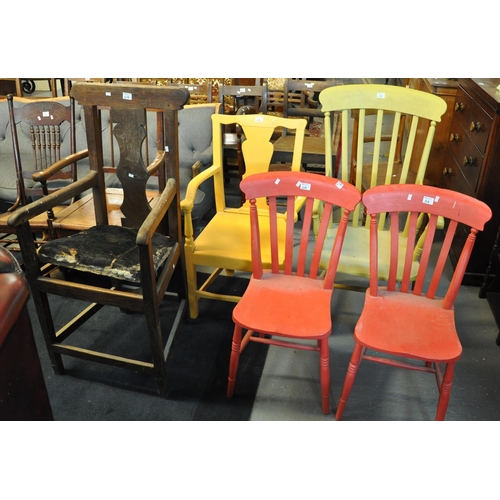 519 - Two similar painted slat backed Windsor kitchen chairs, together with a brightly painted Georgian st... 