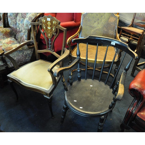 524 - Pretty late Victorian inlaid open armed side chair with padded seat and cabriole front legs, togethe... 