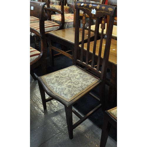 527 - Pretty inlaid mahogany Art Nouveau style slat backed upright occasional chair with padded seat and s... 