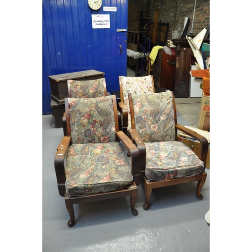 531 - Set of four mid century, hardwood Parker Knoll open armchairs with floral upholstery on cabriole leg... 