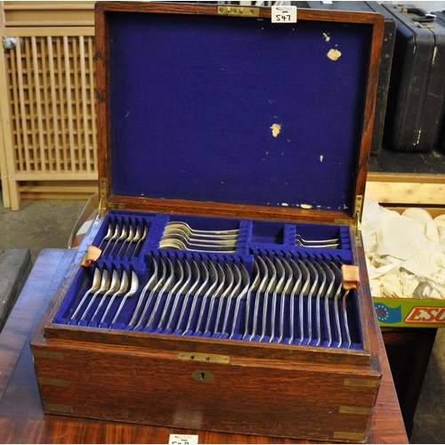 547 - Early 20th Century oak canteen of silver plated cutlery marked 'Army and Navy' with brass recessed c... 