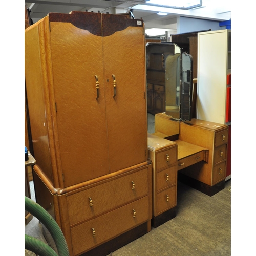 559 - Art Deco burr walnut finish two piece bedroom suite to include; two door cupboard and triple mirror ... 