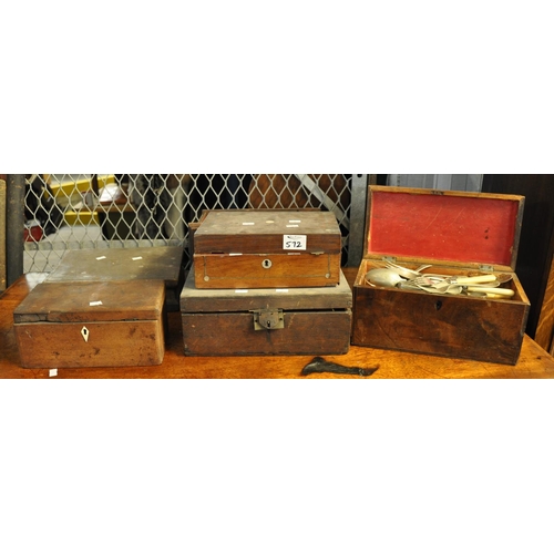 572 - Collection of assorted boxes, 19th Century tea caddies etc, loose silver plated cutlery.
(B.P. 21% +... 