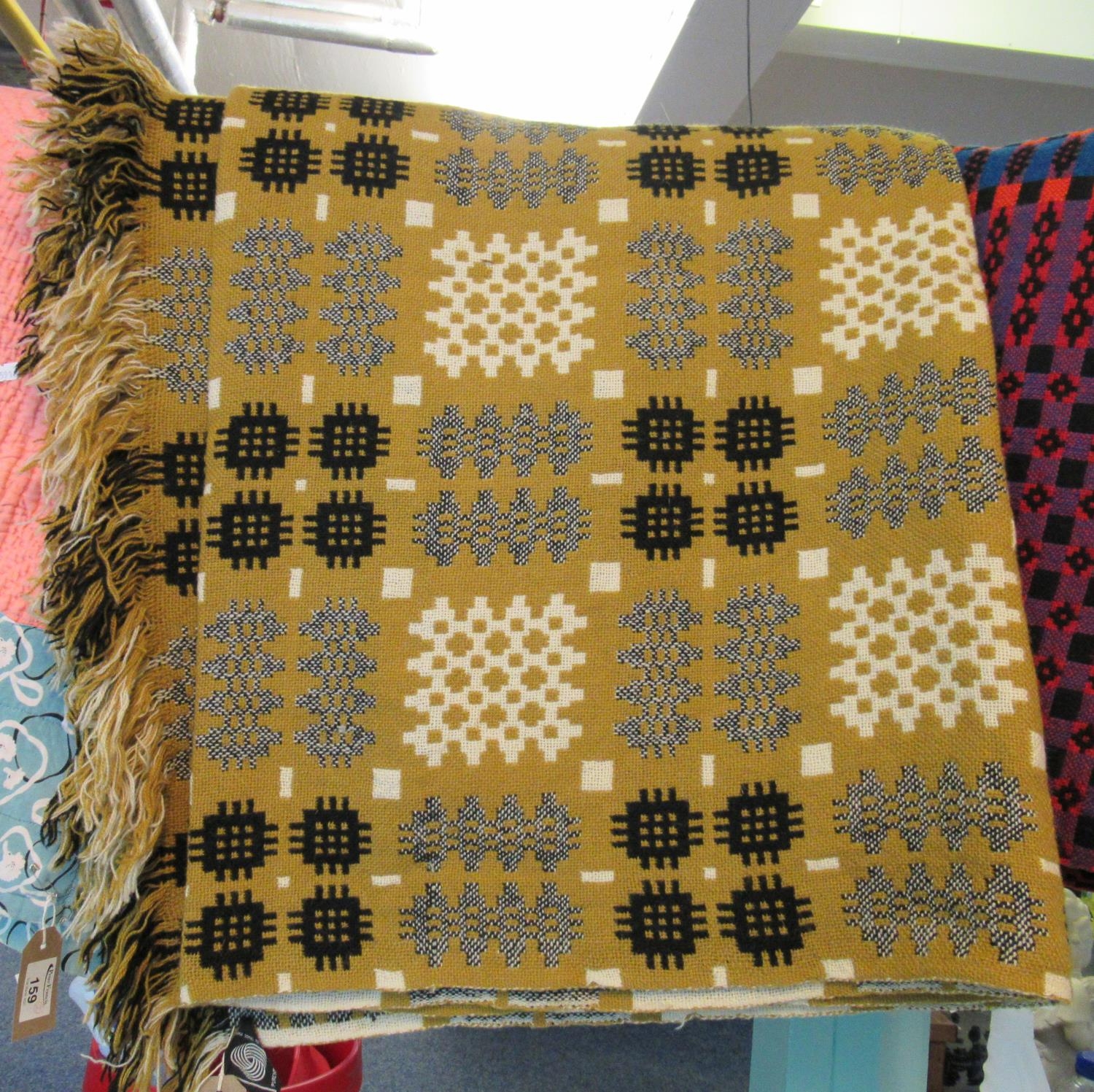 Vintage woollen Welsh tapestry blanket with Rhydybont and