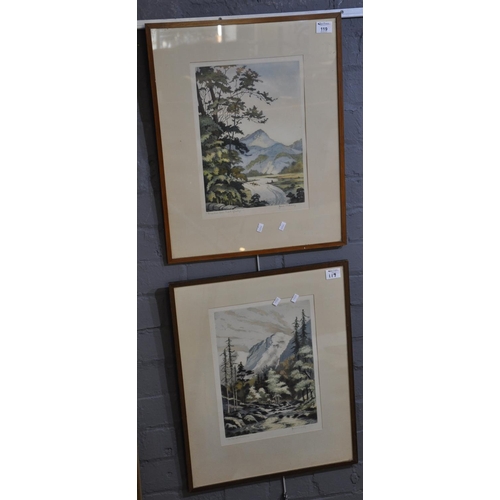 119 - James Priddey, 'Snowdon from Nant Glaslyn' and 'The pass of Aberglaslyn', coloured etchings, signed ... 