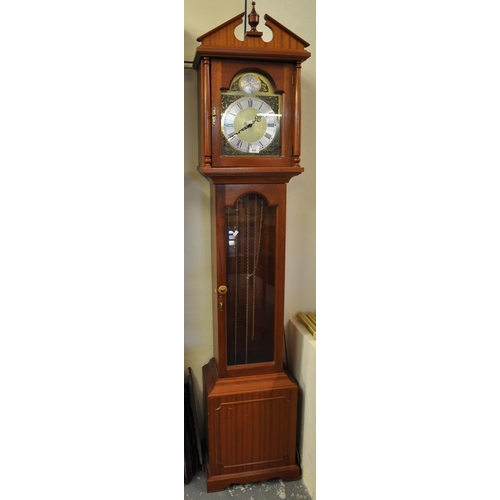 535 - Reproduction mahogany finish longcase clock with brass and silvered dial, Roman numerals with three ... 