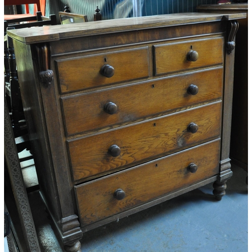 592 - Victorian oak straight front chest of two short and three long drawers on baluster  turned feet and ... 