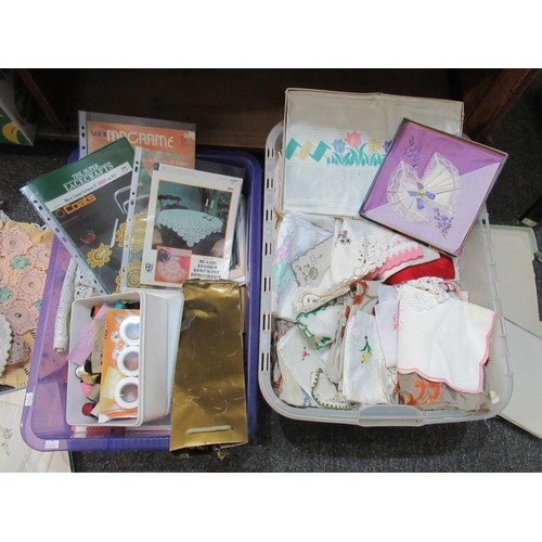 106 - Two boxes containing various vintage textiles and accessories to include; crochet doilies, damask ta... 