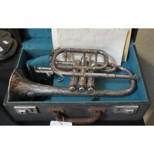 112 - Silver plated class A cornet by J. Highham in original box.
(B.P. 21% + VAT)