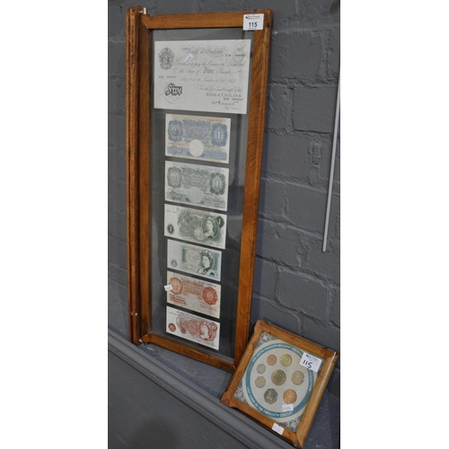 115 - A framed bank note collection, glazed to both sides and to include; Peppiatt white £5 note, four var... 